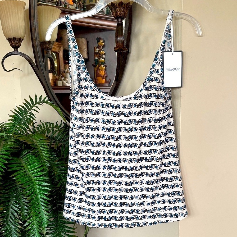 Brand New Lauren Moshi Zena Evil Eye Deep Plunge Back Tank Top Cream Blue